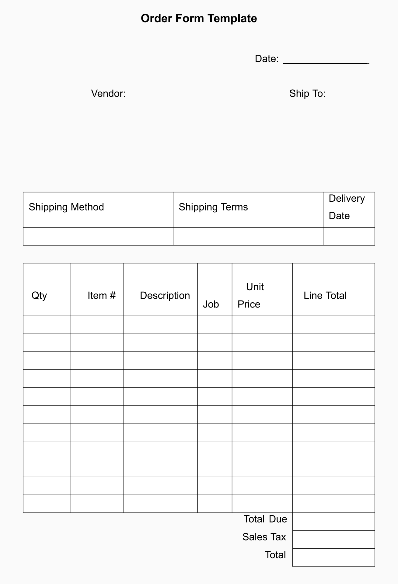 Order Form Template Free Printable