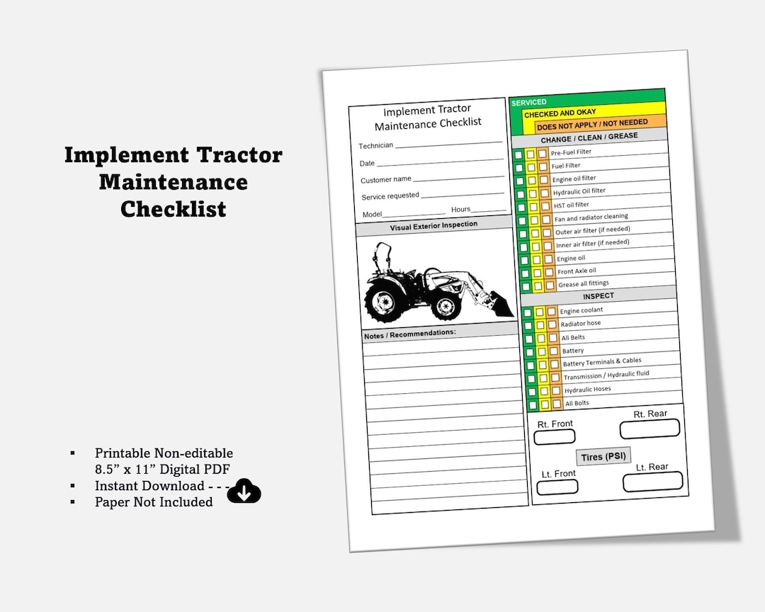 Printable Tractor Checklist Template uneditable PDF Tractor Inspection Checklist Tractor Maintenance Checklist Tractor Service Record Etsy